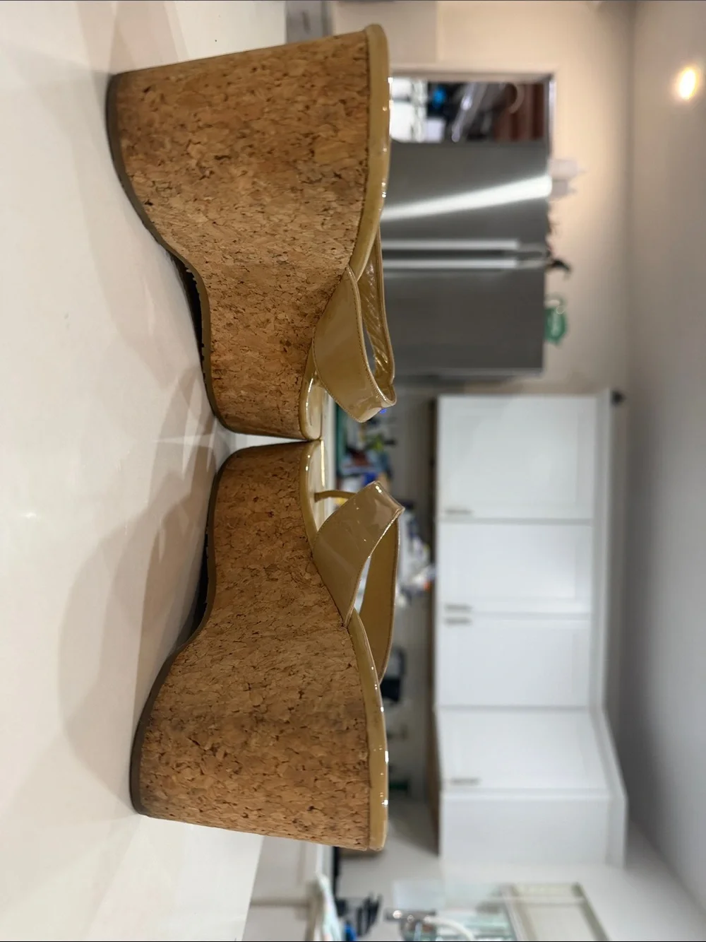 Jimmy Choo Nude Patent Cork Wedge Thongs
